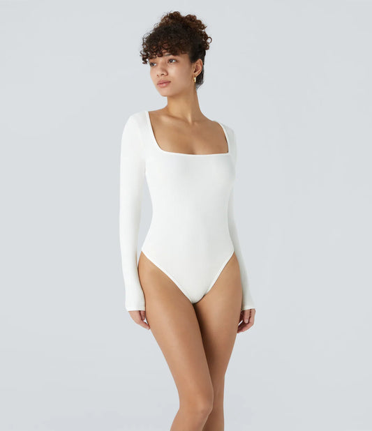 Bodysuit Square Neck Long Sleeve Button Down Slim Fit